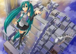 Rule 34 | 1girl, aircraft, boots, building, city, crazypen, detached sleeves, from above, giant, giantess, green eyes, green hair, hatsune miku, helicopter, long hair, matching hair/eyes, nail polish, necktie, skirt, skyscraper, smile, solo, thigh boots, thighhighs, twintails, very long hair, vocaloid