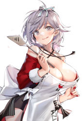 Rule 34 | 1girl, apron, azur lane, blush, breasts, cleavage, commentary request, douya (233), food, food on face, grey eyes, grey hair, hair ribbon, head tilt, large breasts, licking lips, looking at viewer, nail polish, red nails, ribbon, seattle (azur lane), seattle (christmas party prep) (azur lane), short hair, solo, spatula, tongue, tongue out