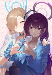 Rule 34 | 2girls, absurdres, ahoge, aqua nails, aqua ribbon, asuna (blue archive), black choker, black hair, blue archive, blue bow, blush, bow, bowtie, breasts, brown eyes, choker, closed eyes, closed mouth, collared shirt, commentary request, dark-skinned female, dark skin, ear piercing, grin, hair over one eye, hair ribbon, halo, hand on another&#039;s shoulder, heart, heart hands, heart hands duo, highres, jaws (okdol0928), karin (blue archive), korean commentary, large breasts, light brown hair, long hair, multicolored hair, multiple girls, nail polish, piercing, purple hair, ribbon, scrunchie, shirt, simple background, smile, upper body, very long hair, white shirt, wrist scrunchie
