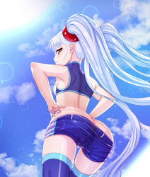 Rule 34 | 1girl, arched back, armpits, ass, blue shorts, blue sky, blue thighhighs, blush, breasts, brown eyes, butt crack, clothes pull, cloud, crop top, day, floating hair, from behind, from below, grey hair, hair between eyes, hair ornament, hands on own hips, highres, hoshino ruri, kidou senkan nadesico, lens flare, long hair, looking at viewer, looking back, looking down, outdoors, race queen, shiny skin, short shorts, shorts, shorts pull, shoulder blades, sky, small breasts, solo, sparkle, thigh gap, thighhighs, twintails, ultramarimo, very long hair, zettai ryouiki