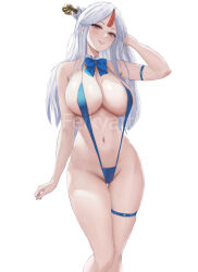 Rule 34 | 1girl, areola slip, artist name, blue bow, blue bowtie, blue slingshot swimsuit, bow, bowtie, breasts, brown eyes, detached collar, feikyart, genshin impact, grin, groin, hair ornament, hair stick, hand in own hair, highleg, large breasts, long hair, looking at viewer, navel, ningguang (genshin impact), parted lips, simple background, slingshot swimsuit, smile, solo, stomach, swimsuit, tassel, tassel hair ornament, thigh gap, thigh strap, thighs, variant set, white background, white hair
