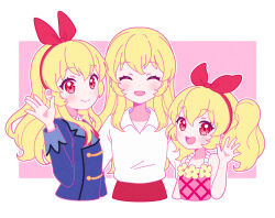 Rule 34 | 3girls, :d, ^ ^, aged down, aikatsu!, aikatsu! (series), bad id, bad twitter id, blonde hair, blue jacket, bow, closed eyes, closed mouth, collared shirt, commentary request, cropped torso, facing viewer, flower, hair bow, hairband, hand up, hoshimiya ichigo, jacket, jewelry, long hair, long sleeves, looking at viewer, multiple girls, multiple persona, necklace, nekomachi nao, open hand, open mouth, red bow, red eyes, red hairband, school uniform, shirt, sidelocks, simple background, smile, starlight academy school uniform, upper body, white background, white shirt, yellow flower