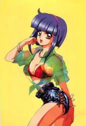 Rule 34 | 1990s (style), 1girl, breasts, collar, hairband, highres, looking at viewer, mon mon, purple hair, red eyes, retro artstyle, short hair, shorts, smile, solo