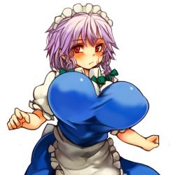 Rule 34 | 1girl, before and after, braid, breasts, female focus, huge breasts, izayoi sakuya, looking at viewer, maid, maid headdress, perky breasts, red eyes, sachito, silver hair, solo, touhou