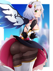 Rule 34 | 1girl, absurdres, aircraft, armor, armored dress, artist request, ass, bad anatomy, blush, boobplate, breastplate, breasts, clothes lift, dress, embarrassed, fantasy, from behind, gauntlets, genshin impact, glider, greaves, green eyes, headdress, highres, huge ass, large breasts, looking at viewer, looking back, maid, maid headdress, noelle (genshin impact), open mouth, pantyhose, pantylines, shiny clothes, shiny skin, short hair, sideboob, silver hair, skirt, skirt lift, solo, thighband pantyhose, vision (genshin impact), wings