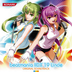 Rule 34 | 2girls, album cover, armpits, ass, asymmetrical gloves, aura, back-to-back, bare shoulders, beatmania, beatmania iidx, bike shorts, black shorts, bow, breasts, cable, choker, company name, copyright name, cover, earphones, english text, eyebrows, fingerless gloves, fingernails, fringe trim, gloves, green eyes, green hair, hair between eyes, hair bow, hair ornament, heads together, holding, holding microphone, kitami erika, konami, leg up, long hair, looking at viewer, looking to the side, microphone, microphone stand, mizushiro celica, multiple girls, music, official art, open mouth, out of frame, outstretched arm, purple eyes, purple hair, record, red ribbon, ribbon, shirt, shorts, singing, small breasts, smile, standing, star (symbol), striped legwear, t-shirt, teeth, text focus, thighhighs, thighs, tongue, twintails, uneven gloves, vinyl record, white gloves, white legwear, white shirt