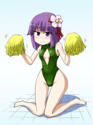 Rule 34 | 1girl, barefoot, blush, bob cut, breasts, cheering, flower, flower hair ornament, front zipper swimsuit, gradient background, hair flower, hair ornament, hieda no akyuu, hip focus, kneeling, kousei (public planet), looking at viewer, meme attire, one-piece swimsuit, parted lips, pom pom (cheerleading), purple eyes, purple hair, simple background, small breasts, solo, swimsuit, tears, thighs, tile floor, tiles, touhou, wide hips, zipper