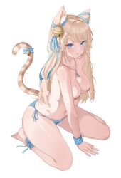 Rule 34 | 1girl, absurdres, animal ears, bandaid, bandaids on nipples, bare legs, bare shoulders, barefoot, bell, between legs, bikini, bikini bottom only, blonde hair, blue bikini, blue eyes, bow, breasts, cat ears, cat tail, cleavage, commission, extra ears, hair ribbon, hand between legs, highres, jewelry, jingle bell, long hair, looking at viewer, medium breasts, mole, mole under eye, navel, necklace, original, parted lips, pasties, ribbon, side-tie bikini bottom, simple background, sitting, solo, string bikini, striped tail, sweatband, swimsuit, tail, tail bow, tail ornament, tail raised, thighs, wariza, white background, yn 6262