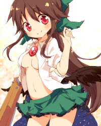 Rule 34 | 1girl, arm cannon, ayakashi (monkeypanch), blush, bow, breasts, hair bow, highres, long hair, looking at viewer, navel, no bra, open clothes, open shirt, red eyes, reiuji utsuho, shirt, skirt, small breasts, smile, solo, touhou, weapon, wings