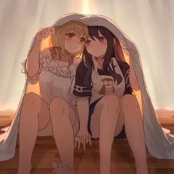 Rule 34 | 2girls, barefoot, black hair, blonde hair, curtains, day, feet, grin, holding hands, indoors, inoue takina, interlocked fingers, jewelry, light blush, long hair, looking at another, lycoris recoil, multiple girls, nishikigi chisato, orange eyes, pajamas, purple eyes, ring, short hair, smile, toes, twintails, under covers, wedding ring, wife and wife, wooden floor, yuri