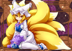 Rule 34 | 1girl, animal hat, blonde hair, bobby socks, breasts, brooch, closed mouth, commentary request, dress, fox tail, full body, hair between eyes, hat, head tilt, highres, jewelry, kazami karasu, long sleeves, looking at viewer, medium breasts, medium hair, mob cap, multiple tails, ofuda, sitting, socks, solo, tabard, tail, touhou, wariza, wavy mouth, white dress, white hat, white socks, wide sleeves, yakumo ran, yellow eyes
