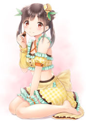 Rule 34 | 1girl, apron, barefoot, bashosho, blush, breasts, bridal garter, brown apron, brown eyes, brown hair, chocolate, closed mouth, collarbone, commentary request, criss-cross halter, crop top, detached sleeves, double bun, food, full body, green ribbon, hair bun, hair ribbon, halterneck, highres, holding, holding food, idolmaster, idolmaster shiny colors, long hair, plaid, plaid skirt, plaid sleeves, puffy short sleeves, puffy sleeves, ribbon, short sleeves, side bun, sitting, skirt, small breasts, smile, solo, sonoda chiyoko, twintails, waist apron, wariza, yellow skirt, yellow sleeves