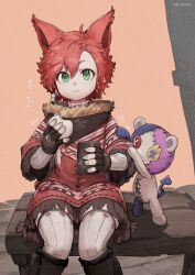 Rule 34 | 1girl, animal ears, artist name, black gloves, commission, cup, eating, feet out of frame, final fantasy, final fantasy xiv, fingerless gloves, gloves, green eyes, grey thighhighs, hair between eyes, highres, holding, holding cup, jun (navigavi), layered sleeves, long sleeves, looking at viewer, red hair, shadow, short hair, short over long sleeves, short sleeves, sitting, skeb commission, solo, stuffed toy, thighhighs, warrior of light (ff14)