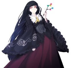 Rule 34 | 1girl, adapted costume, alternate color, alternate eye color, bad id, bad pixiv id, black hair, branch, corset, dress, embellished costume, female focus, frills, frown, hime cut, houraisan kaguya, jeweled branch of hourai, long hair, mazeran, pale skin, red eyes, solo, touhou, transparent background, very long hair, white background, wide sleeves