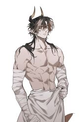 Rule 34 | 1boy, abs, arknights, bandaged arm, bandages, black hair, chong yue (arknights), commentary request, dragon boy, dragon horns, highres, horns, long hair, looking at viewer, male focus, multicolored hair, muscular, muscular male, nills, pointy ears, red eyes, solo, streaked hair, sweat, topless, towel, white background