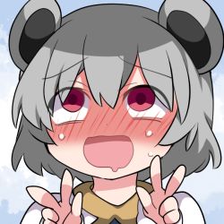 Rule 34 | 1girl, ahegao, animal ears, blush, capelet, double v, drooling, full-face blush, grey hair, hammer (sunset beach), mouse ears, mouth drool, nazrin, open mouth, red eyes, short hair, smile, solo, touhou, upper body, v