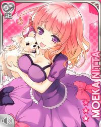 Rule 34 | 1girl, alternate costume, animal, bow, breasts, character name, cleavage, corset, dog, dress, girlfriend (kari), green bow, happy, holding, holding animal, kneeling, looking at viewer, medium breasts, nitta moeka, official art, open mouth, pink background, pink bow, pink dress, pink hair, purple bow, purple eyes, qp:flapper, short hair, skirt, smile, solo, tagme