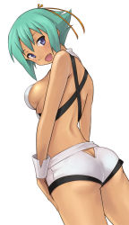 Rule 34 | 10s, 1girl, aquarion (series), aquarion evol, ass, breasts, butt crack, fang, green hair, hashi, no panties, open mouth, purple hair, short hair, short shorts, shorts, sideboob, simple background, solo, white background, zessica wong