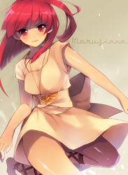 Rule 34 | 1girl, ankle lace-up, barefoot, blush, character name, cross-laced footwear, dress, etsuo, highres, leg up, long hair, looking at viewer, magi the labyrinth of magic, morgiana, red eyes, red hair, side ponytail, solo