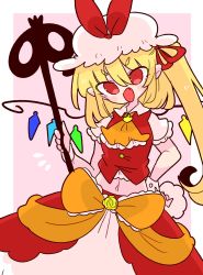 Rule 34 | 1girl, adapted costume, ascot, blonde hair, bow, crystal, fang, flandre scarlet, frilled shirt, frilled shirt collar, frilled skirt, frilled sleeves, frills, hat, hat ribbon, highres, laevatein (touhou), medium hair, midriff, mob cap, navel, one side up, op na yarou, puffy short sleeves, puffy sleeves, red bow, red eyes, red ribbon, red skirt, red vest, ribbon, shirt, short hair, short sleeves, side ponytail, simple background, skirt, solo, touhou, vest, white background, white hat, white shirt, white skirt, wings, yellow ascot