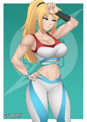 Rule 34 | 1girl, adapted costume, blonde hair, border, breasts, cleavage, cowboy shot, flytrapxx, green background, highres, large breasts, long hair, metroid, metroid dread, midriff, muscular, muscular female, navel, nintendo, outside border, pants, samus aran, solo, sports bra, sweat, twitter username, white border, white pants