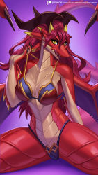 Rule 34 | 1girl, alanscampos, bikini, breasts, brunhilda (dragalia lost), cleavage, dragalia lost, dragon, dragon girl, dragon horns, dragon tail, dragon wings, furry, highres, horns, huge tail, jewelry, licking lips, red hair, scales, swimsuit, tail, tongue, tongue out, wings, yellow eyes