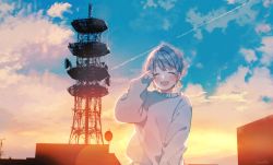 Rule 34 | 1girl, :d, artist name, backlighting, blush, closed eyes, cloud, contrail, facing viewer, fang, hanako151, hand up, highres, jewelry, long sleeves, open mouth, original, outdoors, radio antenna, radio tower, short hair, signature, sky, skyline, sleeves past wrists, smile, solo, sunset, sweater, upper body, white sweater