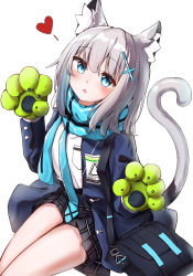 Rule 34 | 1girl, animal ear fluff, animal ears, animal hands, bag, blazer, blue archive, blue bag, blue eyes, blue jacket, blue necktie, blue scarf, blush, collared shirt, cross hair ornament, feet out of frame, gloves, green gloves, grey hair, hair ornament, hands up, heart, highres, jacket, looking at viewer, medium hair, necktie, on floor, open clothes, open jacket, open mouth, paw gloves, scarf, school bag, sentter, shiroko (blue archive), shirt, shirt tucked in, simple background, striped clothes, striped scarf, tail, white background, white shirt, wolf ears