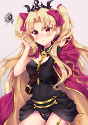 Rule 34 | 1girl, asymmetrical sleeves, beige background, between breasts, black cape, black dress, black leotard, blonde hair, breasts, buckle, cape, detached collar, dress, earrings, ereshkigal (fate), fate/grand order, fate (series), fur-trimmed cape, fur trim, hand in own hair, infinity symbol, jewelry, leotard, long hair, multicolored cape, multicolored clothes, nazuna shizuku, necklace, parted bangs, red cape, red eyes, red ribbon, ribbon, single sleeve, skull, spine, tiara, tohsaka rin, twintails, two side up, uneven sleeves