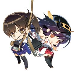 Rule 34 | 10s, 2girls, armor, arrow (projectile), black hair, blush stickers, boots, bow (weapon), brown eyes, brown hair, chibi, detached sleeves, gloves, hairband, haruna (kancolle), japanese clothes, kaga (kancolle), kantai collection, looking at viewer, machinery, multiple girls, muneate, nakamura takeshi, nontraditional miko, open mouth, side ponytail, thigh boots, thighhighs, turret, weapon, wide sleeves
