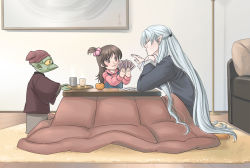 Rule 34 | 1girl, 2boys, bow, card, card game, child, closed eyes, contemporary, family, hair bobbles, hair bow, hair ornament, head rest, holding, holding card, inuyasha, jaken, kotatsu, long hair, multiple boys, one side up, playing games, pointy ears, rin (inuyasha), sesshoumaru, sitting, table, tokiko (psychopomp)