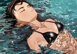 Rule 34 | 1girl, bikini, black bikini, blush, breasts, brown hair, closed mouth, collarbone, commentary request, elisia valfelto, eyelashes, closed eyes, highres, long hair, luicent, medium breasts, original, partially submerged, solo, swimsuit, water