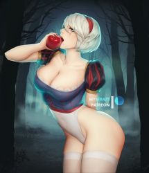 Rule 34 | 1girl, apple, blue eyes, breasts, bustier, cleavage, cosplay, food, forest, fruit, grimm&#039;s fairy tales, hair between eyes, hairband, holding, holding food, holding fruit, large breasts, leotard, looking at viewer, mystra77, nature, nier:automata, nier (series), night, open mouth, puffy short sleeves, puffy sleeves, red apple, red hairband, red lips, runny makeup, short hair, short sleeves, snow white (grimm), snow white (grimm) (cosplay), snow white and the seven dwarfs, solo, thighhighs, white hair, white leotard, white thighhighs, 2b (nier:automata)