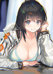Rule 34 | 1girl, black hair, blue bra, bra, breasts, chromatic aberration, cleavage, closed mouth, collarbone, grey eyes, hand in own hair, highres, jacket, large breasts, long hair, long sleeves, looking at viewer, lying, on stomach, original, ran&#039;ou (tamago no kimi), reflection, smile, solo, underwear, upper body, white jacket
