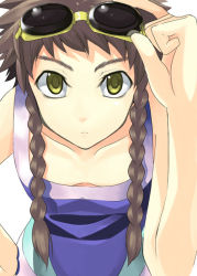 Rule 34 | 00s, 1girl, adjusting goggles, bent over, braid, brown hair, eyebrows, flat chest, goggles, goggles on head, hand on own hip, kabocha, kabocha (monkey4), leaning forward, long hair, looking at viewer, minagi mikoto, my-hime, my-otome, solo, swimsuit, twin braids, yellow eyes