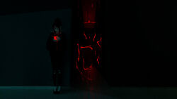 Rule 34 | 1girl, ambiguous red liquid, black hair, black pants, closed eyes, closed mouth, commentary, dark background, disembodied hand, dripping, earlobe stretcher, english commentary, full body, glowing, hair bun, hallway, highres, holding, horror (theme), host (obj shep), indoors, light smile, obj shep, original, pants, red light, sidelocks, single hair bun, solo, spikes, standing, torn clothes, torn pants, wide shot, wooden floor