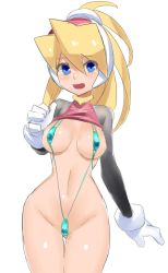 Rule 34 | 1girl, blonde hair, blue eyes, blue one-piece swimsuit, blue slingshot swimsuit, blush, breasts, capcom, ciel (mega man), cowboy shot, female focus, gloves, hair between eyes, headgear, high ponytail, long hair, looking at viewer, medium breasts, mega man (series), mega man zero (series), one-piece swimsuit, open mouth, ponytail, shiny clothes, simple background, slingshot swimsuit, solo, standing, swimsuit, thigh gap, white background, white gloves, wide hips
