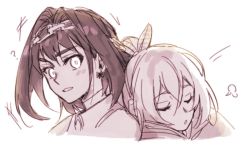 Rule 34 | 2girls, ?, blush, brmameng, capelet, chain, chain headband, cloak, closed eyes, feather hair ornament, feathers, greyscale, hair ornament, head chain, hololive, hololive english, jewelry, monochrome, multiple girls, nanashi mumei, ouro kronii, ponytail, ribbon earrings, shirt, sketch, surprised, virtual youtuber, white shirt, wide-eyed