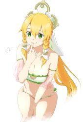 Rule 34 | 1girl, adapted costume, bare shoulders, between legs, bikini, blonde hair, blush, braid, breasts, cleavage, cleavage cutout, clothing cutout, collarbone, detached sleeves, finger to mouth, green eyes, hair between eyes, hair ornament, hair tubes, hand between legs, highres, large breasts, leafa, leafa (terraria), leaning forward, long hair, looking at viewer, mitsugu, ponytail, see-through, side braid, signature, simple background, sitting, skindentation, smile, solo, swimsuit, sword art online, sword art online: alicization, thighs, twin braids, white background, white bikini