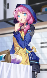 Rule 34 | 1girl, absurdres, apron, arknights, bad food, black pantyhose, blue eyes, blue jacket, blue poison (arknights), blurry, blurry background, bowl, cabinet, commentary, cowboy shot, du mogu, hand up, highres, hood, index finger raised, indoors, jacket, licking, licking finger, long hair, long sleeves, looking at viewer, low twintails, mixing bowl, neck ribbon, pantyhose, pink hair, red ribbon, ribbon, shirt, solo, standing, table, tongue, tongue out, twintails, white shirt, wing collar, yellow apron