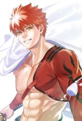 Rule 34 | 1boy, abs, cape, emiya shirou, fate/grand order, fate (series), grin, highres, holding, holding sword, holding weapon, igote, katana, limited/zero over, looking at viewer, male focus, muscular, muscular male, nipples, orange hair, pectorals, senji muramasa (fate), smile, solo, sword, syo chikubai, tassel, upper body, weapon, wristband, yellow eyes