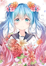 Rule 34 | 1136002526, 1girl, bad id, bad pixiv id, blue eyes, blue hair, blush, closed mouth, flower, hair flower, hair ornament, hatsune miku, highres, long hair, looking at viewer, smile, solo, star-shaped pupils, star (symbol), symbol-shaped pupils, tears, twintails, upper body, vocaloid