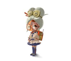 Rule 34 | 1girl, appleq, backpack, bag, blue thighhighs, boots, brown shirt, closed mouth, dark-skinned female, dark skin, expressionless, eyeshadow, female focus, flat chest, flute, frilled skirt, frills, full body, glasses, grey hair, hair ornament, hair stick, half-closed eyes, headband, instrument, legs together, makeup, miniskirt, nintendo, puffy short sleeves, puffy sleeves, purah, randoseru, recorder, red-framed eyewear, red eyes, red headband, shirt, short hair, short sleeves, simple background, skirt, solo, standing, the legend of zelda, the legend of zelda: breath of the wild, thigh boots, thighhighs, topknot, vambraces, white background, zettai ryouiki