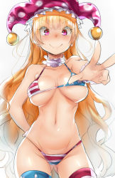 Rule 34 | 1girl, aged up, alternate legwear, american flag, american flag bikini, american flag print, bikini, blonde hair, blush, breasts, cleavage, clownpiece, collarbone, contrapposto, female focus, flag print, gluteal fold, hand on own hip, hat, jester cap, long hair, looking at viewer, medium breasts, naso4, navel, pink eyes, print bikini, simple background, smile, solo, standing, swimsuit, thighhighs, touhou, very long hair, wavy hair, white background