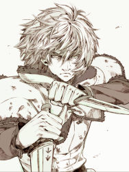 Rule 34 | 1boy, dagger, dual wielding, fighting stance, holding, hpa (foolish factory), knife, male focus, manly, monochrome, reverse grip, solo, thorfinn, vinland saga, weapon
