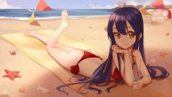 Rule 34 | 10s, 1girl, arched back, artist name, ass, barefoot, beach, bikini, bird, blue hair, brown eyes, bunting, day, drink, drinking straw, head rest, horizon, kyuri tizu, legs, long hair, looking at viewer, love live!, love live! school idol festival, love live! school idol project, lying, ocean, on stomach, outdoors, pennant, red bikini, sand, seagull, seashell, shell, side-tie bikini bottom, smile, soles, solo, sonoda umi, starfish, string of flags, swimsuit, the pose, thighs, toes, towel, water, wet