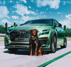 Rule 34 | animal focus, audi, audi q8, audi rs q8, brown eyes, chop (gta v), cloud, collar, commentary, dog, english commentary, grand theft auto, grand theft auto v, green collar, marta danecka, no humans, open mouth, shadow, sky, smile, sports utility vehicle, vehicle focus
