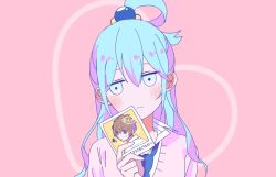 Rule 34 | 1girl, angry, aqua (konosuba), blue eyes, blue hair, blue necktie, blush, brown hair, closed mouth, confession, contemporary, derivative work, glowing, glowing eyes, green eyes, grey sweater, hair between eyes, hair ornament, hair rings, heart, hetero, holding, holding photo, kono subarashii sekai ni shukufuku wo!, long hair, long sleeves, looking at viewer, necktie, nervous, open mouth, own hands together, photo (object), pink background, satou kazuma, school uniform, shirt, simple background, single hair ring, solo, star (symbol), sweat, sweater, user phwk5785, very long hair, white shirt