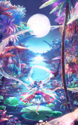 Rule 34 | 1girl, aqua eyes, aqua hair, bow, dress, flower, forest, highres, instrument, lily pad, mimi n, moon, multicolored background, multicolored clothes, multicolored dress, mushroom, music, nature, night, original, playing instrument, river, solo, violin