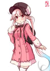 Rule 34 | 1girl, alternate costume, artist logo, backpack, bag, beret, blue hair, brown hat, coat, commentary request, cowboy shot, dated, flower, fur-trimmed coat, fur trim, gradient hair, hair flower, hair ornament, harusame (kancolle), hat, highres, kanon (kurogane knights), kantai collection, long hair, looking at viewer, multicolored hair, pink coat, pink hair, red eyes, side ponytail, simple background, solo, thighhighs, white background, white thighhighs